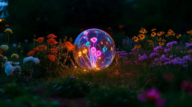 Plasma bubble fusing with flowers in a garden by Leo Espinoza
